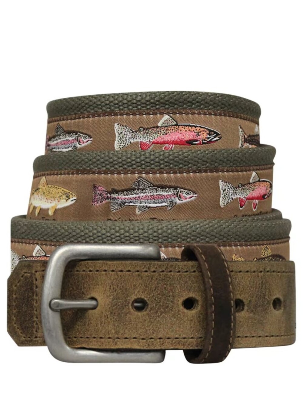 Bison Designs Pontoon Leather Tip Belt Featuring Embroidered Trout Species